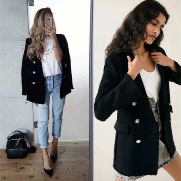 Zara Jackets & Blazers - Zara Double Breasted Blazer Black Boucle Tweed Rhinestone Buttons Small
